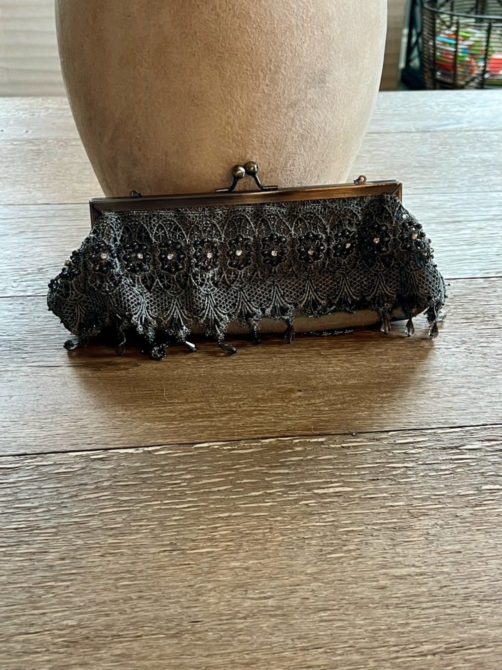 Elegant Gray  Beaded Lace Evening Clutch with Chain - Picture 2 of 7